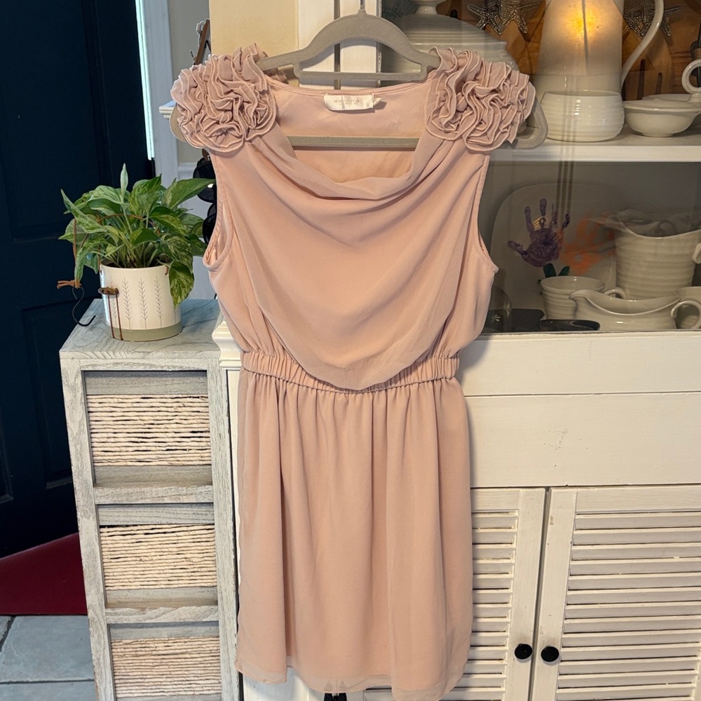 MM Couture Elegant Blush Sleeveless Dress with Floral Accents